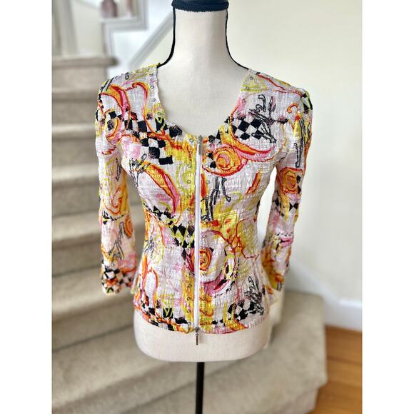 Alberto Makali Mixed Media Yellow Pink Harlequin Zip Up Sequin Cardigan - Picture 1 of 7